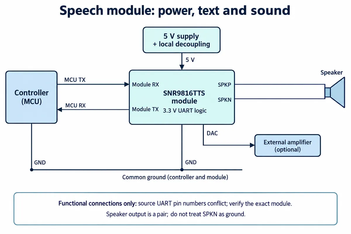 Diagram: controller TX to module RX, module TX to controller RX, 5 V supply, common ground, speaker across SPKP and SPKN