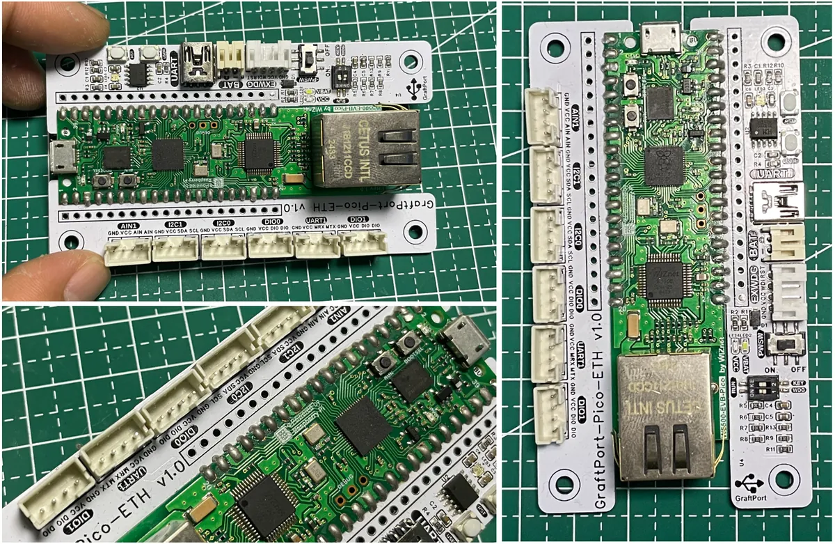 GraftPort-Pico-ETH carrier with a W5500-EVB-Pico fitted, showing the edge connectors for AIN, I2C, digital and UART