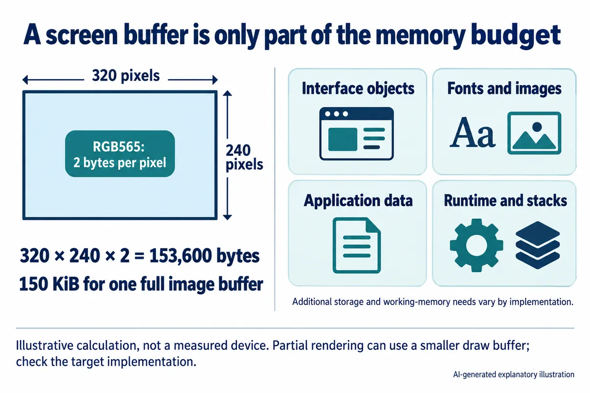 Illustration of a 320 by 240 RGB565 frame needing 153,600 bytes, next to other memory needs: interface objects, fonts and images, application data, runtime and stacks