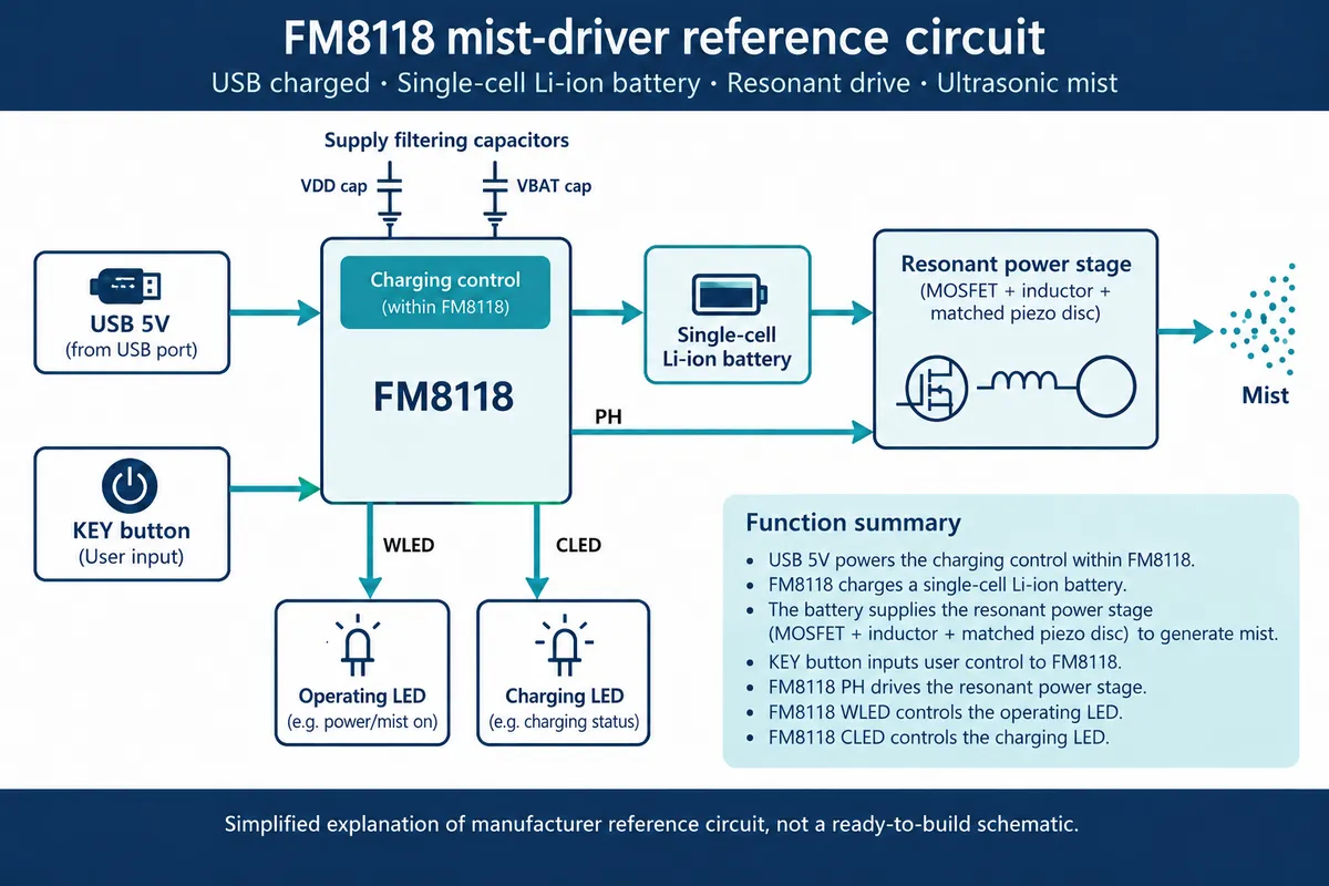 Block diagram of the FM8118 mist driver: USB charging input, single-cell battery, KEY button input, LED outputs and a resonant MOSFET, inductor and piezo stage producing mist