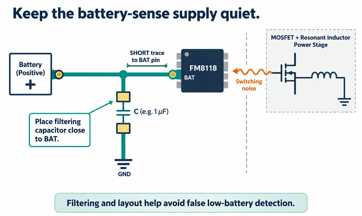 Diagram showing a filtering capacitor placed close to the FM8118 BAT pin, with switching noise from the MOSFET and inductor power stage