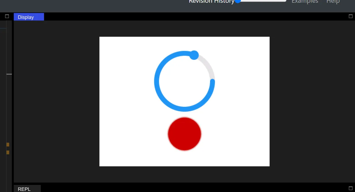 LVGL simulator showing a blue arc control set most of the way around and a red graphical LED below it
