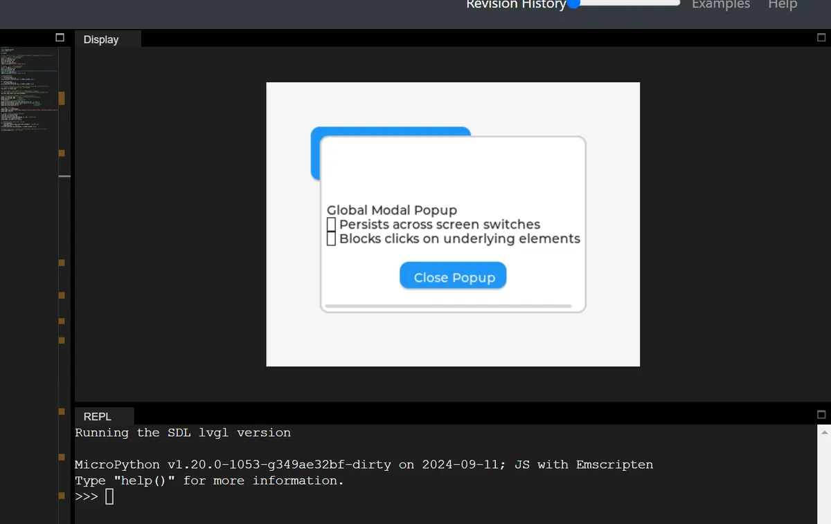 LVGL simulator showing a "Global Modal Popup" box with a Close Popup button over a blue button, and a MicroPython REPL below