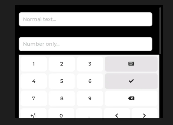LVGL simulator with a normal text field, a number-only field and a numeric keyboard that includes plus-minus and decimal-point keys