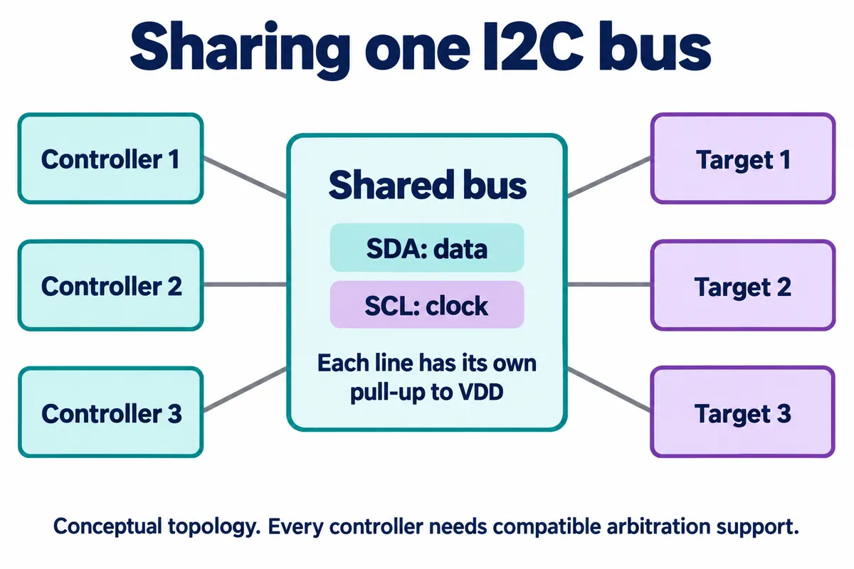 Three controllers and three targets connected to one shared bus with SDA and SCL lines, each with its own pull-up to VDD