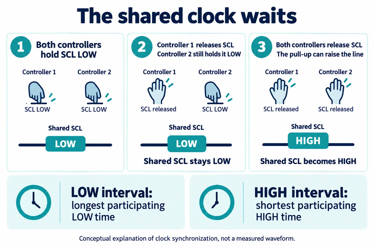 Three panels: both controllers hold SCL low; controller 1 releases while controller 2 still holds it low; both release and the pull-up raises the shared line