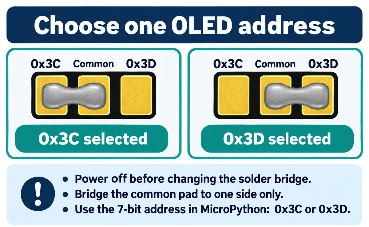 Two diagrams of a three-pad solder selector: bridging the common pad to the left selects address 0x3C, bridging it to the right selects 0x3D