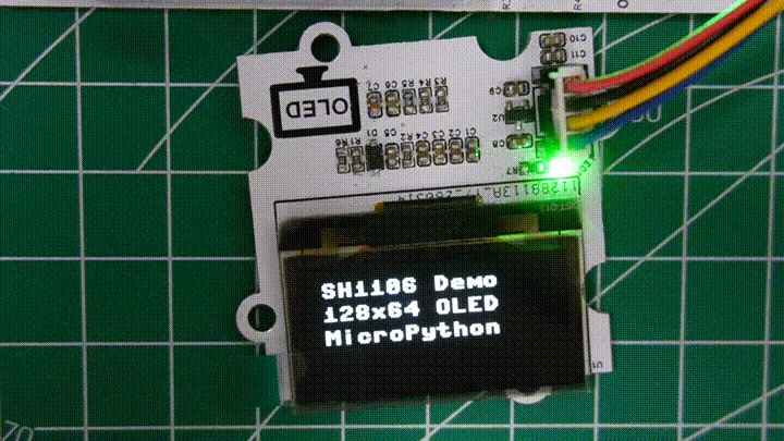 1.3-inch OLED module showing three lines of demo text, then a single word, a scrolling line and a blank screen