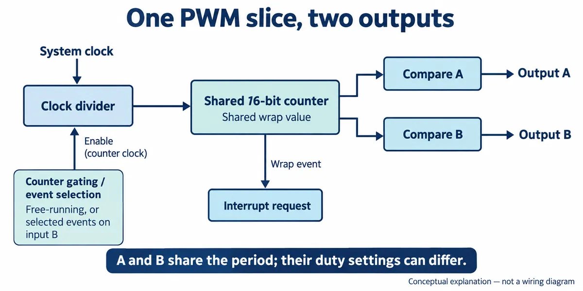 Block diagram of one PWM slice: system clock into a clock divider with counter gating, a shared 16-bit counter and wrap value feeding Compare A and Compare B to two outputs, plus a wrap interrupt