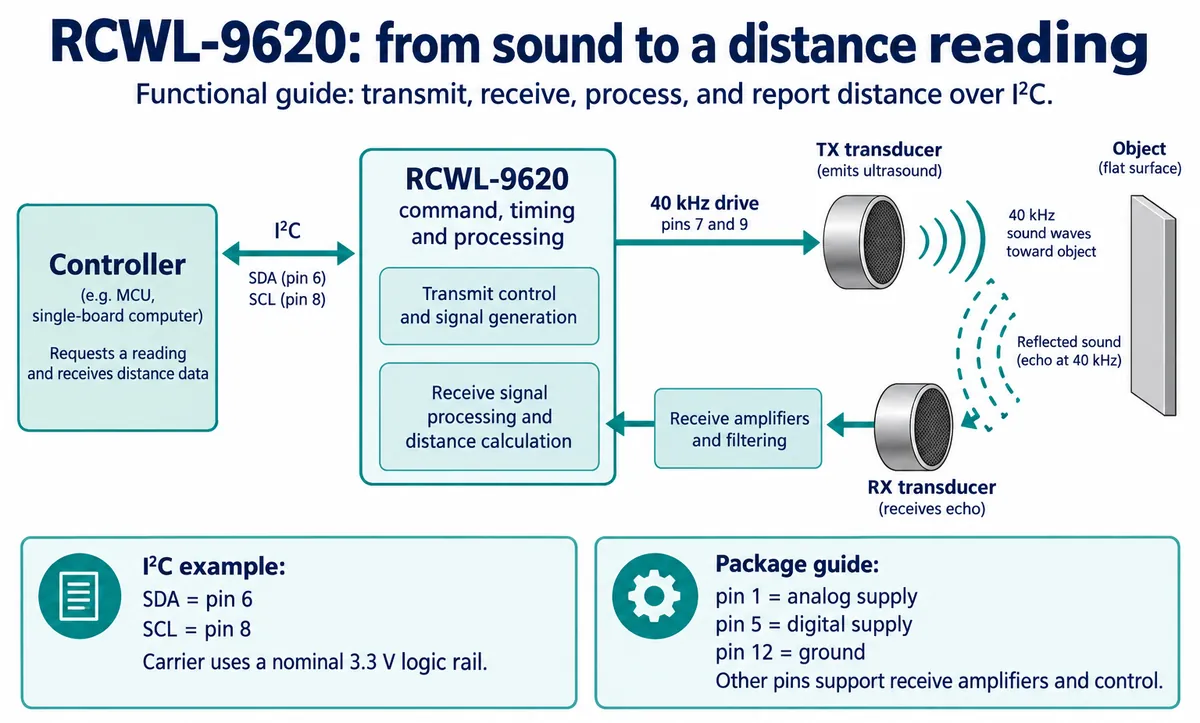 Diagram: controller requests a reading over I2C; the RCWL-9620 drives a 40 kHz transmit transducer, the echo from an object returns to the receive transducer, passes through amplifiers and filtering, and the chip calculates distance