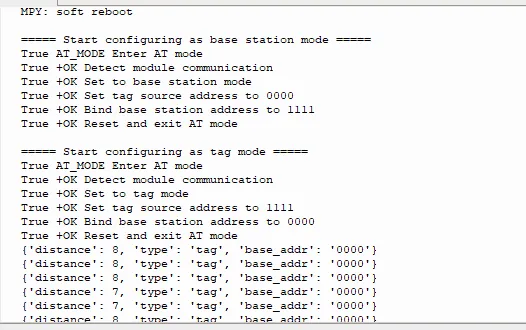 Terminal log: base and tag configured through AT commands with +OK responses, then repeated tag reports with distance 7 or 8 and base address 0000