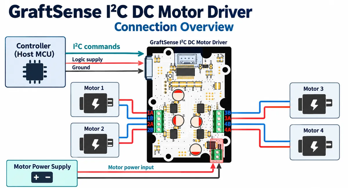Connection overview: a controller sends I2C commands, logic supply and ground to the motor driver board, which has four two-wire motor outputs and a separate motor power input